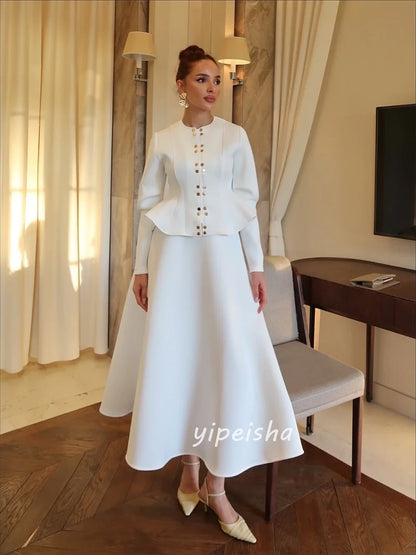 Customized Modern Style Formal Jersey Rhinestone Ruched A-line Scoop Neck Ankle Length Dresses Evening Dresses Sizes Available