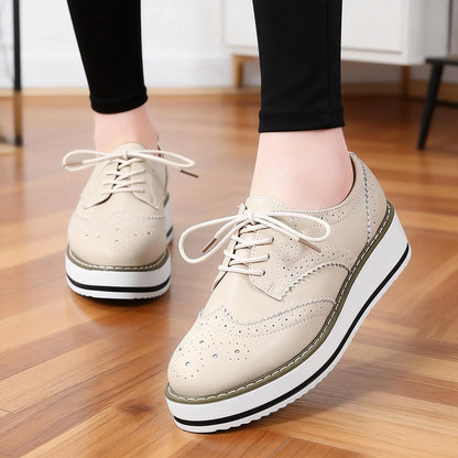 Women's Oxford Flats - Genuine Leather Wingtips Lace-Up Comfort Brogue Derby Patent Platform Casual Shoes for Spring Autumn