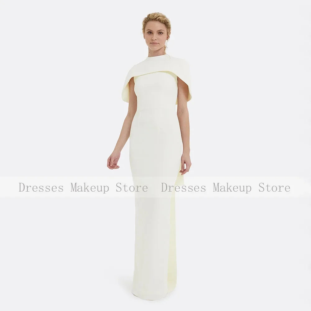 Customized Evening Dress Beige Cape O Neck Floor Length Column Evening Gowns for Women Draped Back Split Black Formal Party Gown