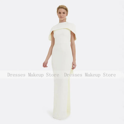 Customized Evening Dress Beige Cape O Neck Floor Length Column Evening Gowns for Women Draped Back Split Black Formal Party Gown
