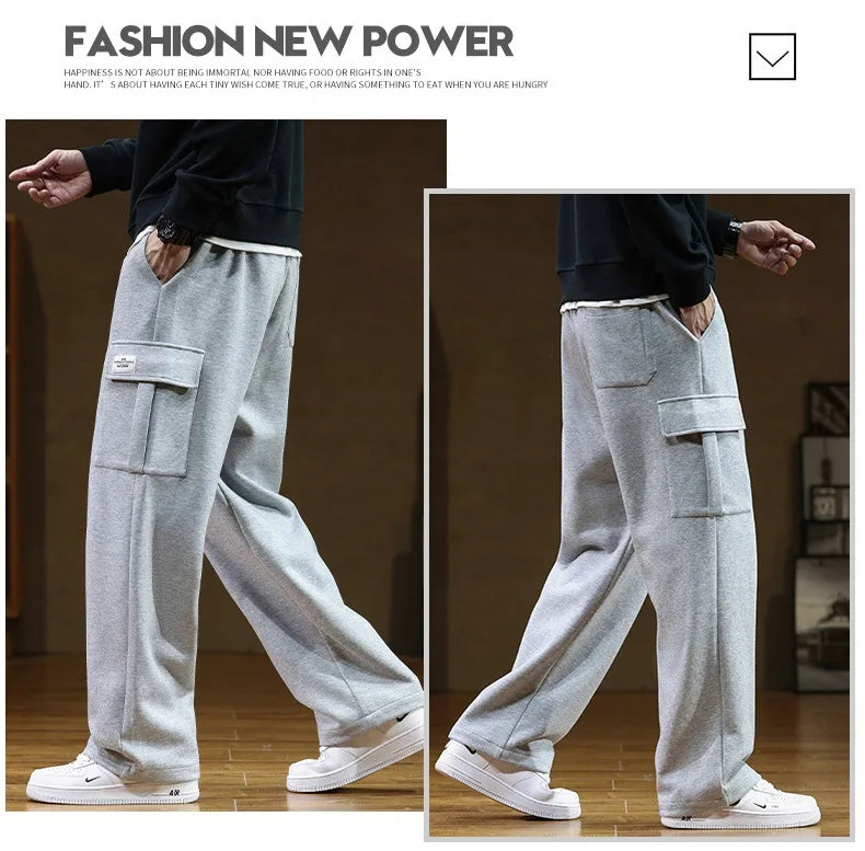 2026 New in Wide Leg Pants Men Autumn Straight Elastic Waist Baggy Cargo Trouser Male Relaxed Streetwear Sweatpant Plus Size Big