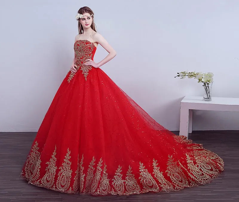 2026 New Ball Gown Lace Tulle Red Wedding Dress With Tail Chinese Pattern Style Cheap China Embroidery Bridal Gown Customized