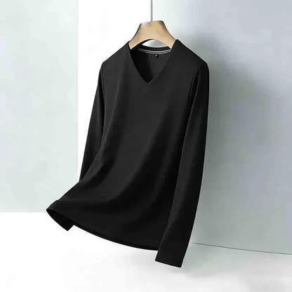 Minimalist Men's V-neck Long Sleeve T-shirt Soft Knitted Fabric Comfortable Top for All Seasons
