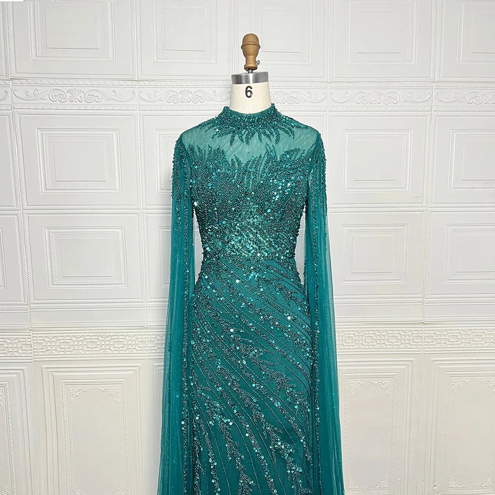 Luxury Saudi Arabia Mermaid Beaded Cape Sleeves High-Neck Evening Dresses 2025 Dubai Party Gowns for Women Wedding Customized