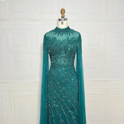 Luxury Saudi Arabia Mermaid Beaded Cape Sleeves High-Neck Evening Dresses 2025 Dubai Party Gowns for Women Wedding Customized