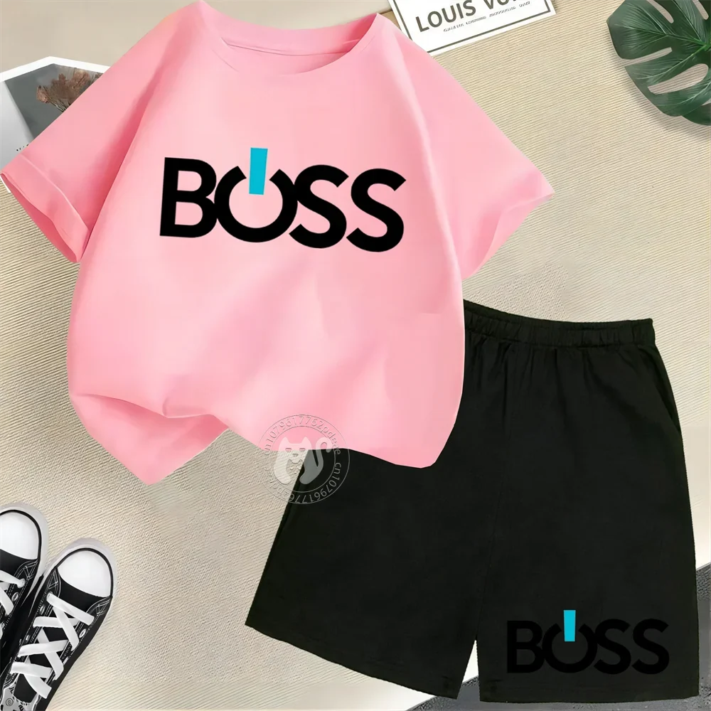 Simple letter BOSS Print Teen boys Girls street casual suit top Kids Summer  Short sleeve T-shirt + Shorts