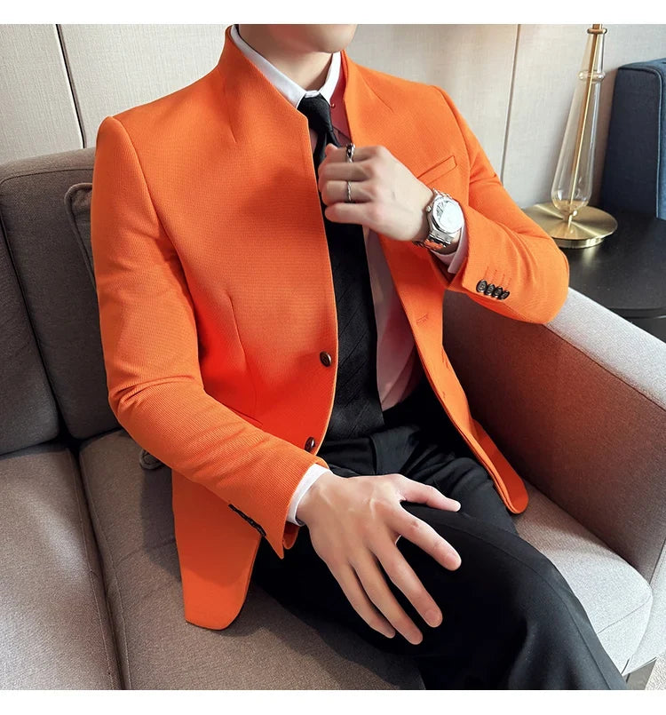 New Waffle Chinese Stand-Up Collar Blazers Men Slim Fit Business Casual Fashion Suits Jacket Formal Social Prom Party Tuxedos