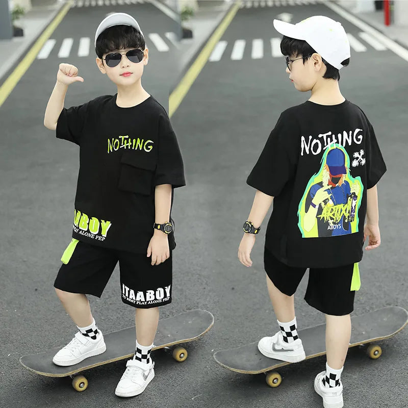 Kpop Boys Clothes Sets 2026 Summer Teen Kids Fashion Letter Print Short Sleeve T-shirt+Shorts 2Pcs Children Tracksuit Outfits