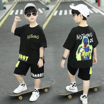 Kpop Boys Clothes Sets 2026 Summer Teen Kids Fashion Letter Print Short Sleeve T-shirt+Shorts 2Pcs Children Tracksuit Outfits
