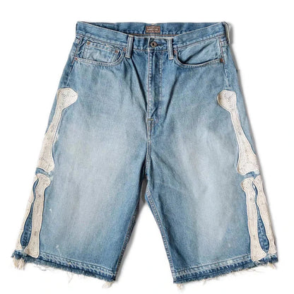 Y2k Retro Harajuku Denim Shorts Women's Washed Patchwork Tassel American Retro Jeans Men's Loose Hip-hop Bone Denim Shorts 2025