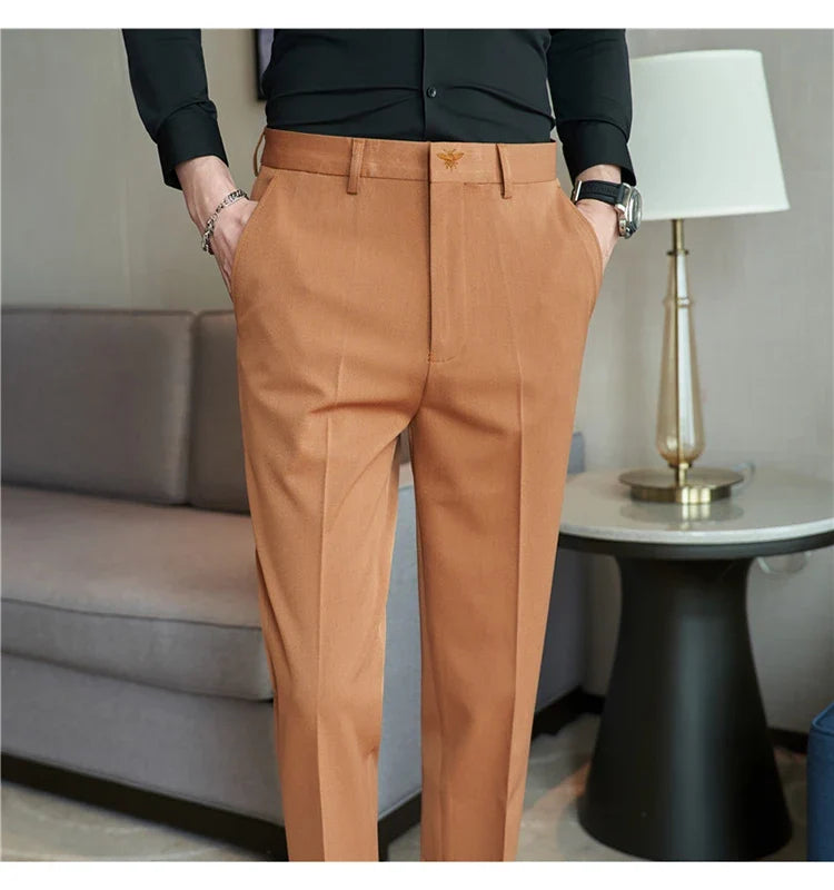 Autumn Mens Fashion Embroidered Trousers Korean Business Dress Solid Suit Pant Formal Office Social Slim Fit Casual Suit Pants