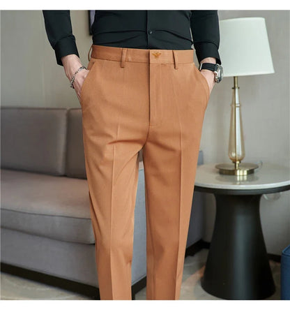 Autumn Mens Fashion Embroidered Trousers Korean Business Dress Solid Suit Pant Formal Office Social Slim Fit Casual Suit Pants