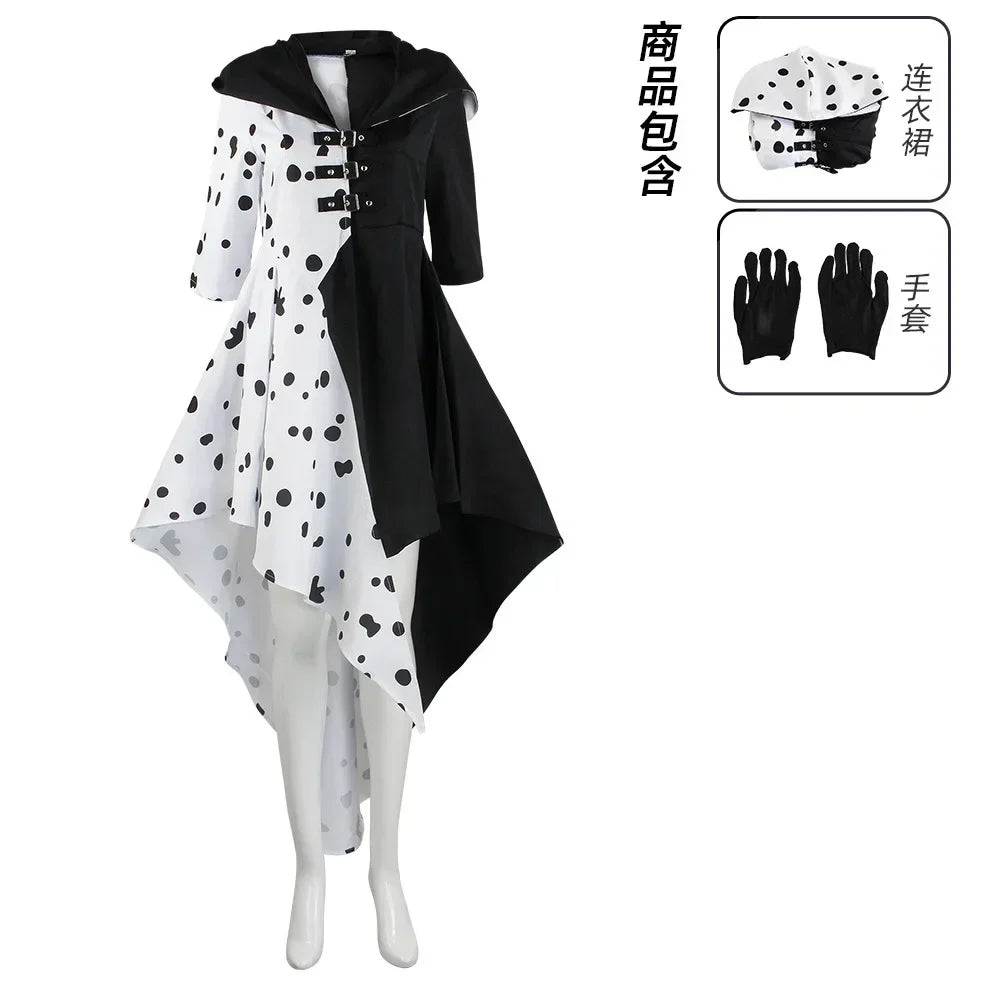 Anime Cruella cosplay costume dress set with gloves cloak Halloween carnival set adult female Cruella De Vil costume