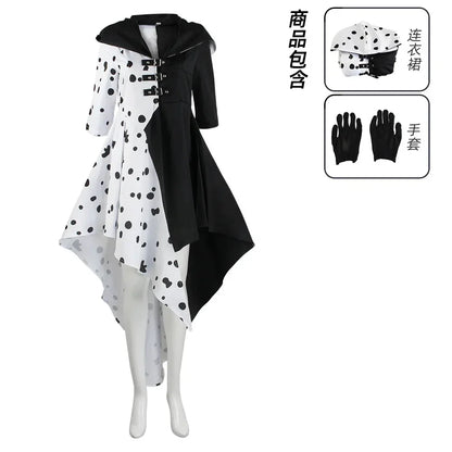 Anime Cruella cosplay costume dress set with gloves cloak Halloween carnival set adult female Cruella De Vil costume