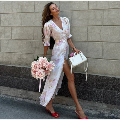 V-neck Organza Floral Chiffon Puff Sleeve Slit Long Dress Bodycon High Slit Bodycon Sexy Dresses Lady Chic Daily Sweet Date Robe