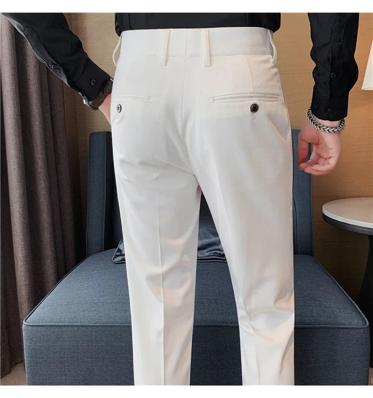 Autumn Winter High Quality Solid Casual Pants Men Belt Design Slim Fit Trousers Formal Office Business Social Party Suit Pants