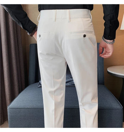 Autumn Winter High Quality Solid Casual Pants Men Belt Design Slim Fit Trousers Formal Office Business Social Party Suit Pants