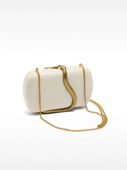 Elegant Box Clutch Bag with Gold Snake Closure, beige off white pu Leather, Evening Wedding Party Handbag, Spring 2026 new