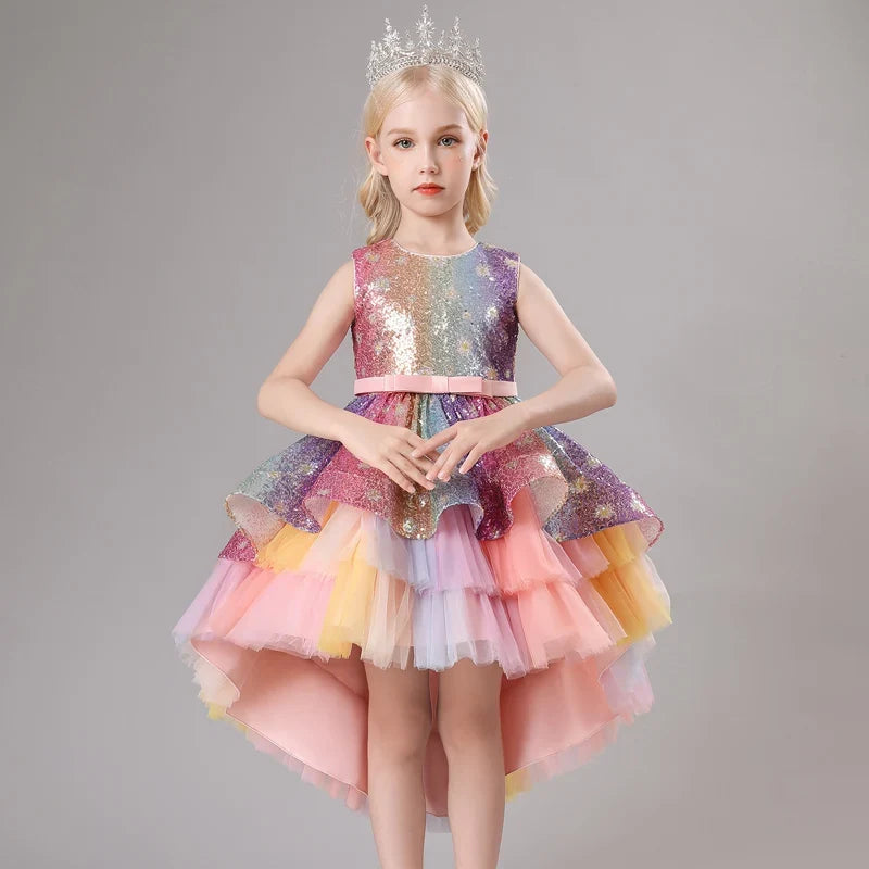 S002 Children's Dress Trailing Princess Spot Pink Girls' June 1 Performance Summer New 2023 Lace Color Matching Mesh