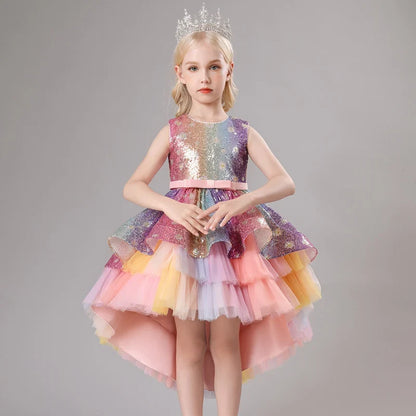 S002 Children's Dress Trailing Princess Spot Pink Girls' June 1 Performance Summer New 2023 Lace Color Matching Mesh