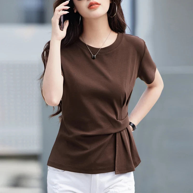 Women's summer new cotton irregular top short sleeved round neck casual women's short sleeved top T-shirt