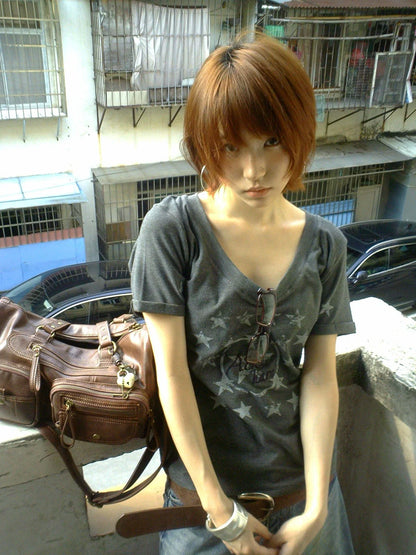 Karrram Japanese Y2k Letter Print T-shirt Trashy 2000s Style V-neck T Shirt Vintage Harajuku Short Sleeve Tee Shirt Grunge 90s