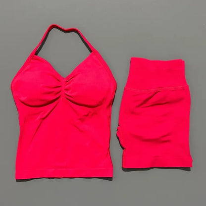No Logo 2 Pies Sports Set Women Backless Tank Yoga Tops High Waist Scrunch Seamless Shorts Sport Gym Set Sportswear Workout Set