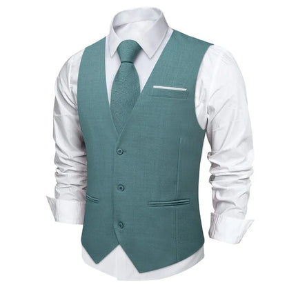 Fashion Men Vest Blue Single Breasted V Neck Solid Waistcoat For Wedding Birthday Party Prom Business Daily Casual Men Suit Vest