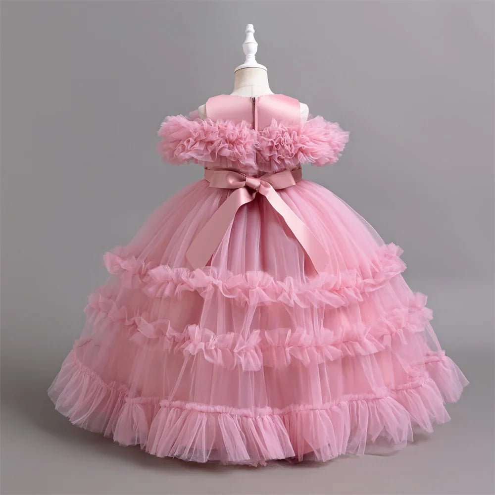 New Elegant Dress for Girls Flower Wedding Long Embroidered Panto Skirt 4-12 Years Old Piano Performance Girl Dress