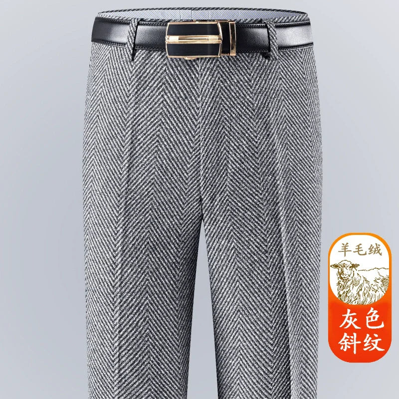 Autumn Winter Suit Pants Thicken Mens British Pants Straight Flat Loose High Waist Twill Dress Men Wool Trousers Size 40 42 44
