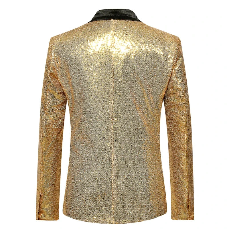 Shiny Gold Men Sequin Glitter Embellished Blazer Jacket, Nightclub Prom Suit Coats Mens Costume Homme Stage Clothes For Singers