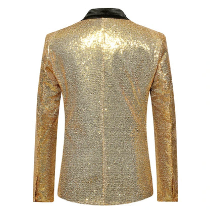 Shiny Gold Men Sequin Glitter Embellished Blazer Jacket, Nightclub Prom Suit Coats Mens Costume Homme Stage Clothes For Singers