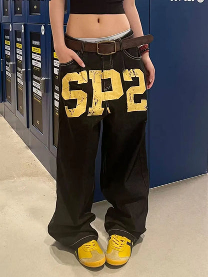 Black Gothic Hip-Hop Letter Printed Streetwear Men And Women Y2k Harajuku 2000s Vintage Fashion Casual Loose Wide-Leg Jeans