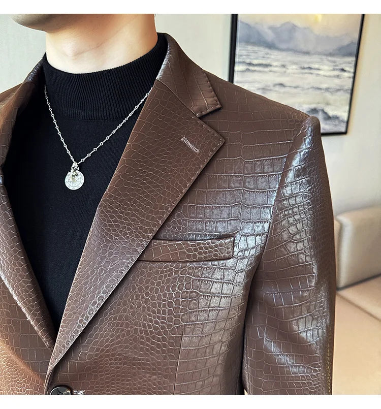 New High Quality Crocodile Stripe Slim Fit Leather Jacket Classic Business Casual Slim Fit Men Blazer Tuxedos Men Clothing 4XL-M