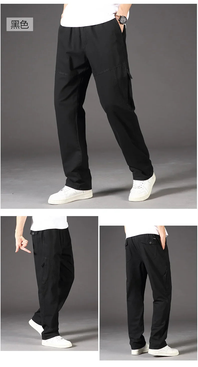 Men's Overalls Cotton Cargo Pants Casual Sports Sweatpants Stretch Waist Work Utility Dungarees Black Gym Jogger Trousers
