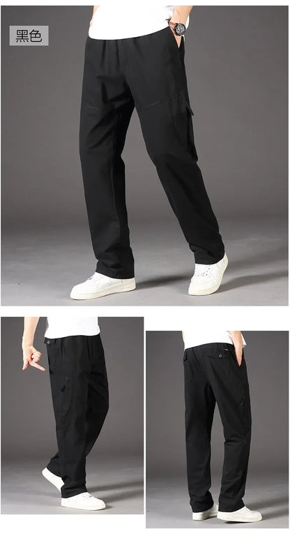 Men's Overalls Cotton Cargo Pants Casual Sports Sweatpants Stretch Waist Work Utility Dungarees Black Gym Jogger Trousers