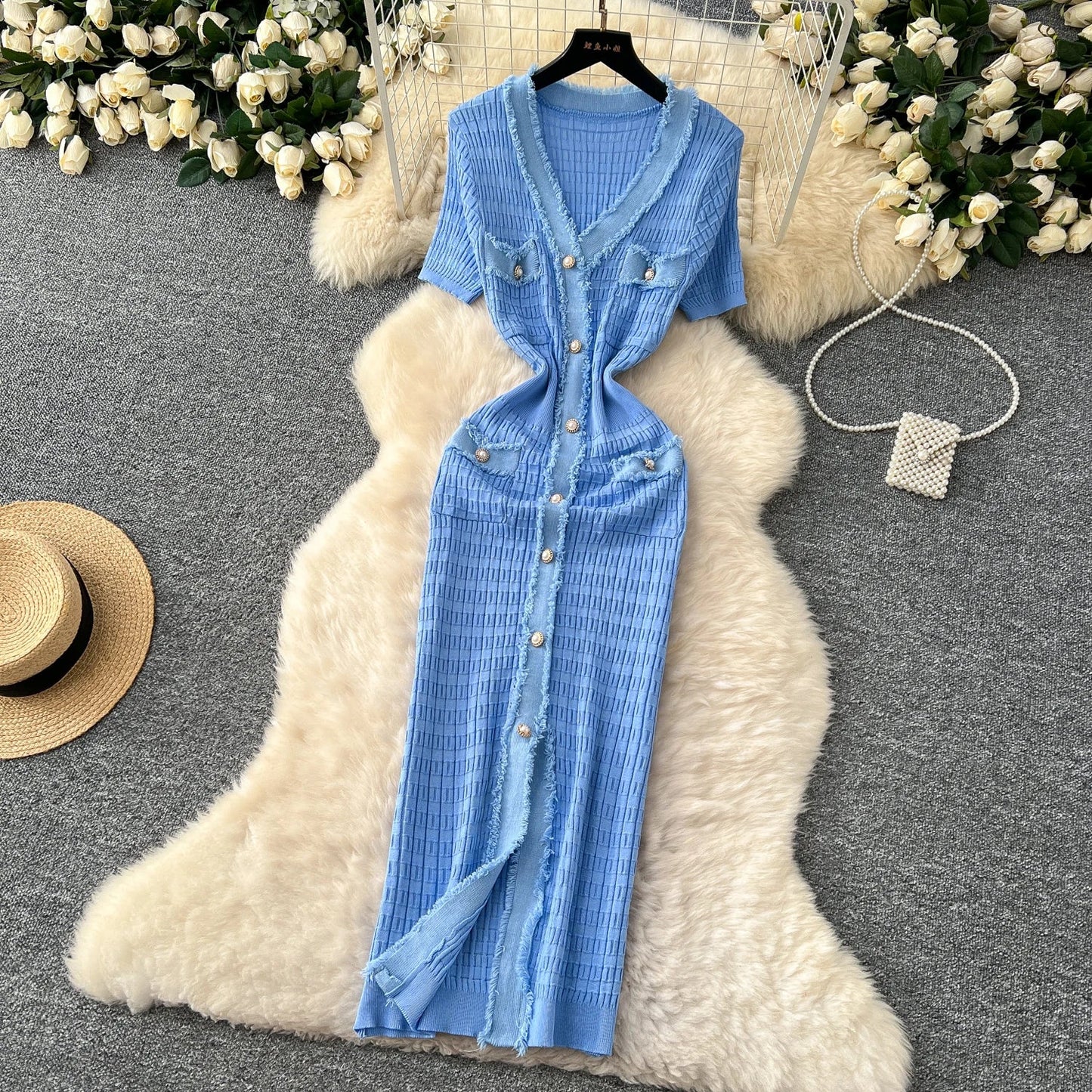 High Quality Elastic Knitted Long Sundress Women Short Sleeves Button Design Office Lady Vintage Split Slim Dress