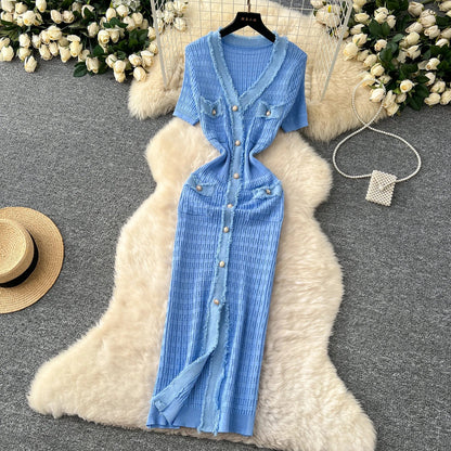 High Quality Elastic Knitted Long Sundress Women Short Sleeves Button Design Office Lady Vintage Split Slim Dress