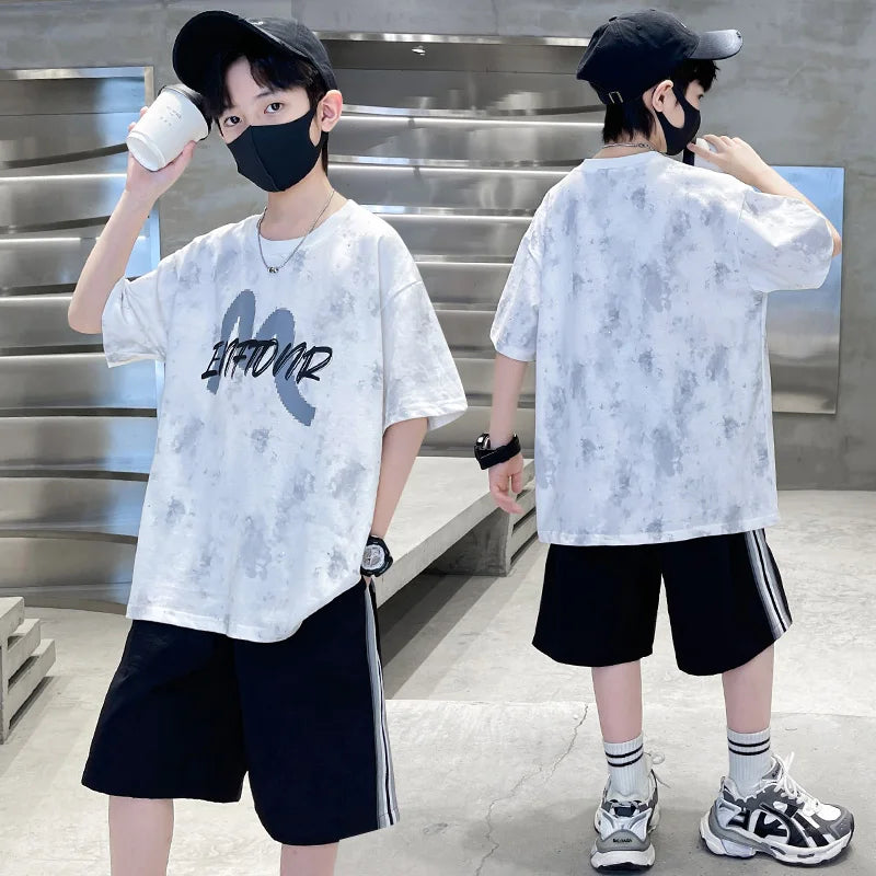 New Casual Boys Cotton Top summer Bottoms Clothes Set for Teenager Child Fashion Outfit Kids T-shirt Shorts Two Pieces Clothing