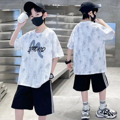 New Casual Boys Cotton Top summer Bottoms Clothes Set for Teenager Child Fashion Outfit Kids T-shirt Shorts Two Pieces Clothing