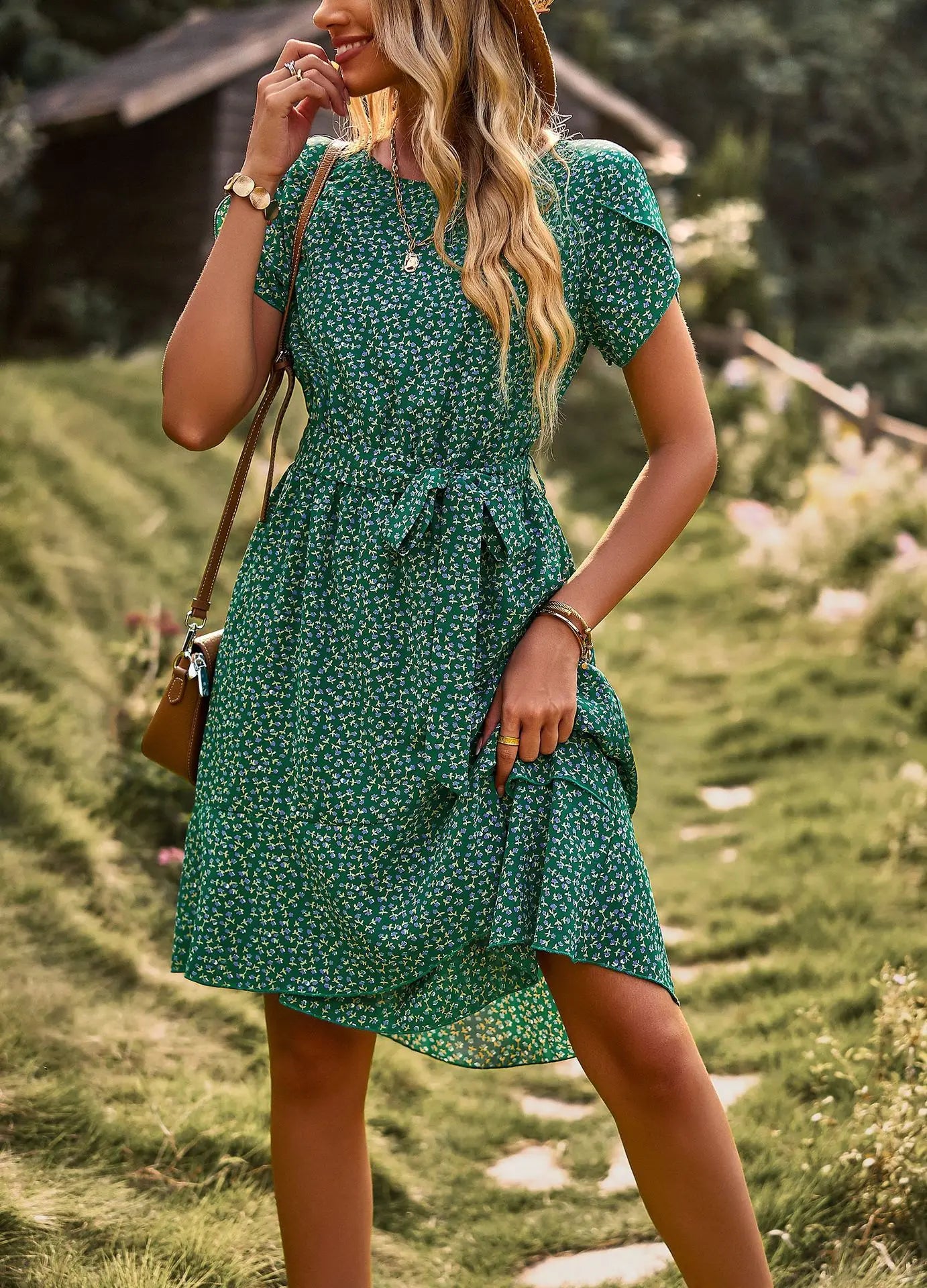 Summer O Neck Casual Printd Women Strap High Waist Pleated Floral Dress