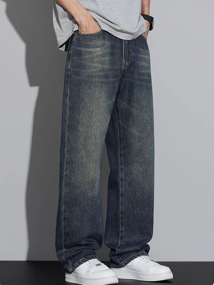 Cotton Baggy Men Wide Leg Jeans Retro Loose Streetwear Fashion Korean Straight Washed Denim Trousers High Quality Brand Clothes