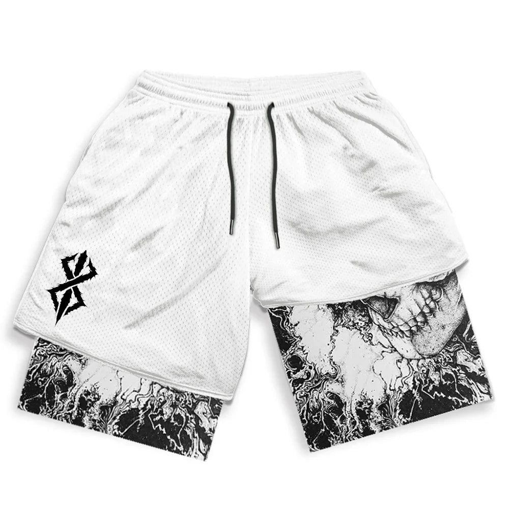 Print 2 in 1 Running Shorts for Men Gym Workout Fitness Athletic Shorts with Pockets Summer Activewear Quick Dry Stretch