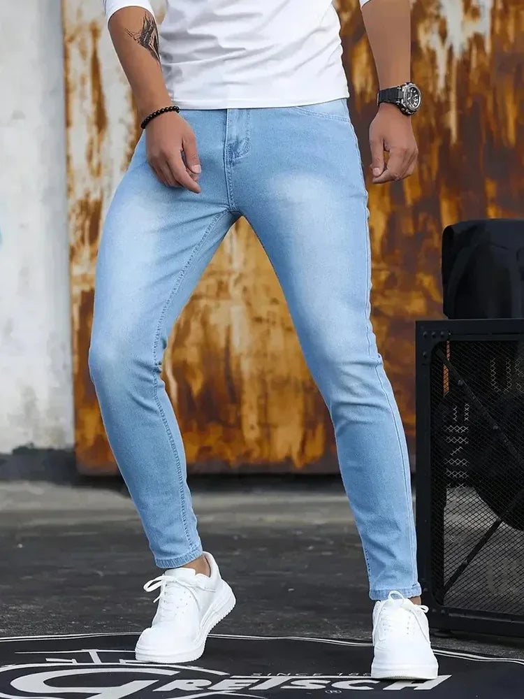 Men Jeans Stretch Skinny Denim Pants Solid Color Black Blue Spring Luxury Street Harajuku Hip-Hop Style Slim Fit Trousers Brand