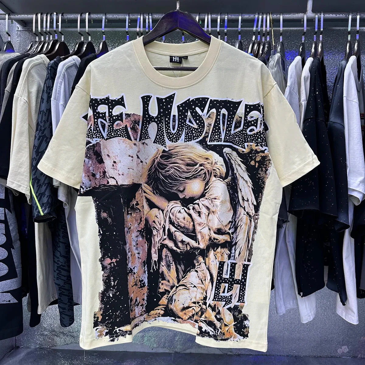 Masked Tattoo Angel Gun Diamond Short Sleeve Tshirts for Men and Women Crew Neck Cotton Summer Top Tees Oversized
