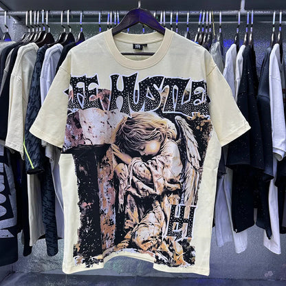 Masked Tattoo Angel Gun Diamond Short Sleeve Tshirts for Men and Women Crew Neck Cotton Summer Top Tees Oversized