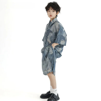 Imitation Denim Shirt Clothing Set Outdoor Summer Wear 2025 New Children's Home Cartoon Fashion From 4 Years Old Boy Outfit Top