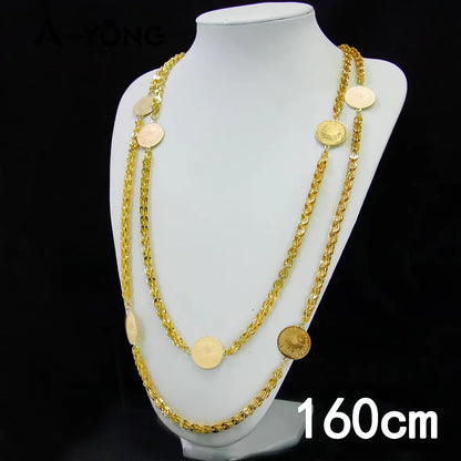 Dubai Bride Wedding Jewelry Long Necklace 21k Gold Plated Turkish Vintage Coins Chains Ethiopian Women Daily Party Jewelly