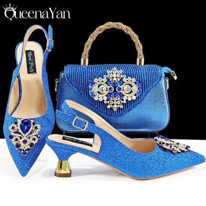 Italian Design Peach Color Pointed Toe Shoe & Bag Set Rhinestone Luxury  Women's High Heels for Parties By QSGFC