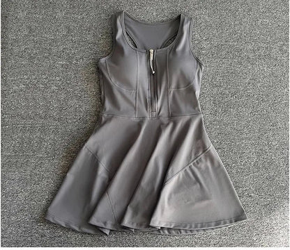 Tennis Skirt Casual Half Zipper Sports Fitness Dress Anti-Running High Waist Slim Golf Yoga Dress